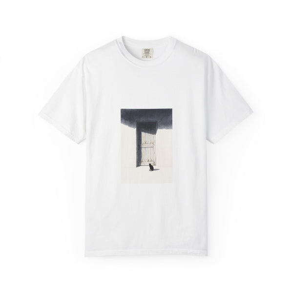 T-Shirt — Minimal Art Cat at Door Graphic Tee