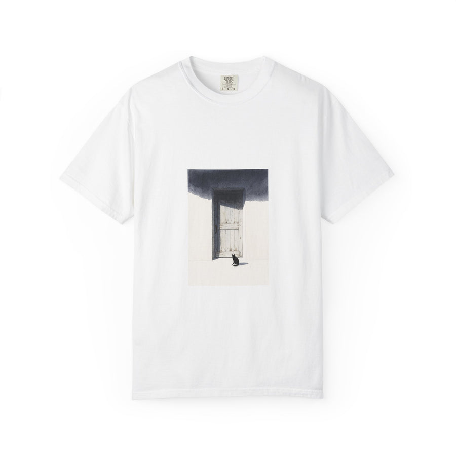 T-Shirt — Minimal Art Cat at Door Graphic Tee
