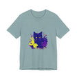 Black Cat Mystery Neon Flower T-Shirt with vibrant neon colored flowers and a mysterious black cat design