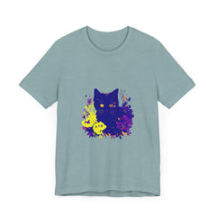 Black Cat Mystery Neon Flower T-Shirt with vibrant neon colored flowers and a mysterious black cat design