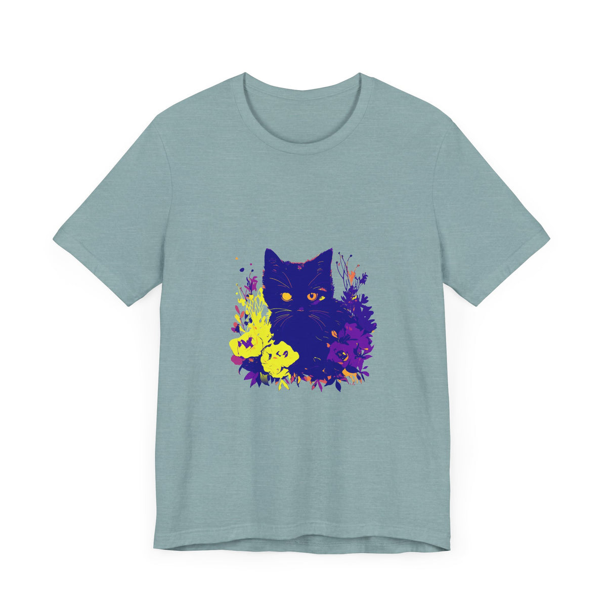 Black Cat Mystery Neon Flower T-Shirt with vibrant neon colored flowers and a mysterious black cat design