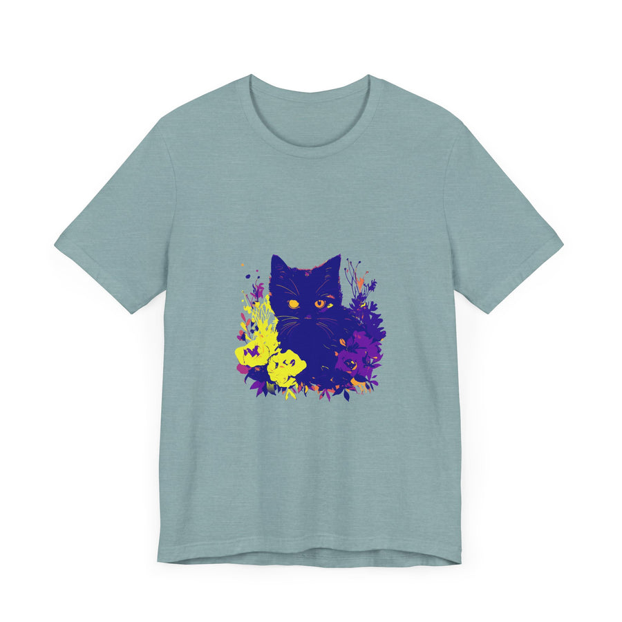 Black Cat Mystery Neon Flower T-Shirt with vibrant neon colored flowers and a mysterious black cat design