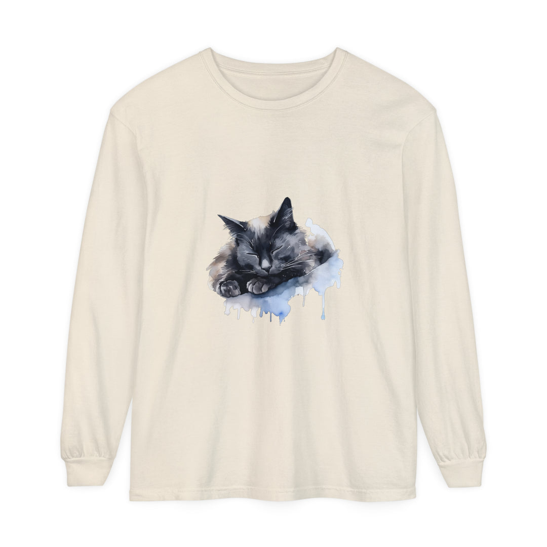 A watercolor illustration of a cute, sleeping cat printed on a comfortable t-shirt