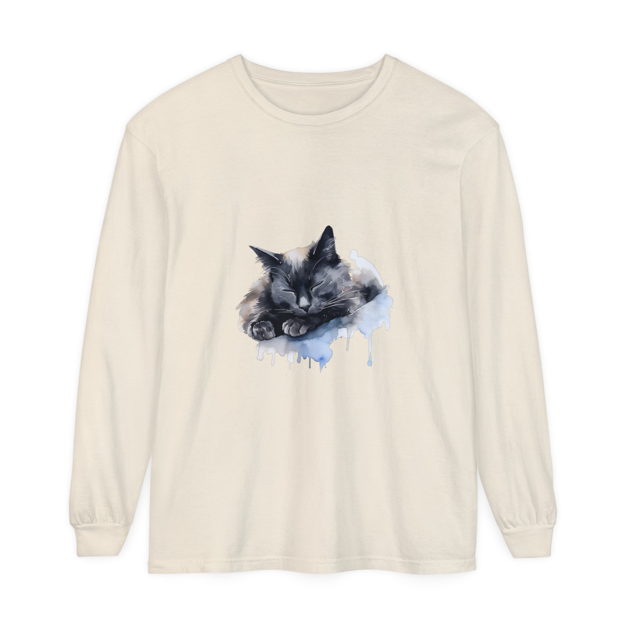 A watercolor illustration of a cute, sleeping cat printed on a comfortable t-shirt