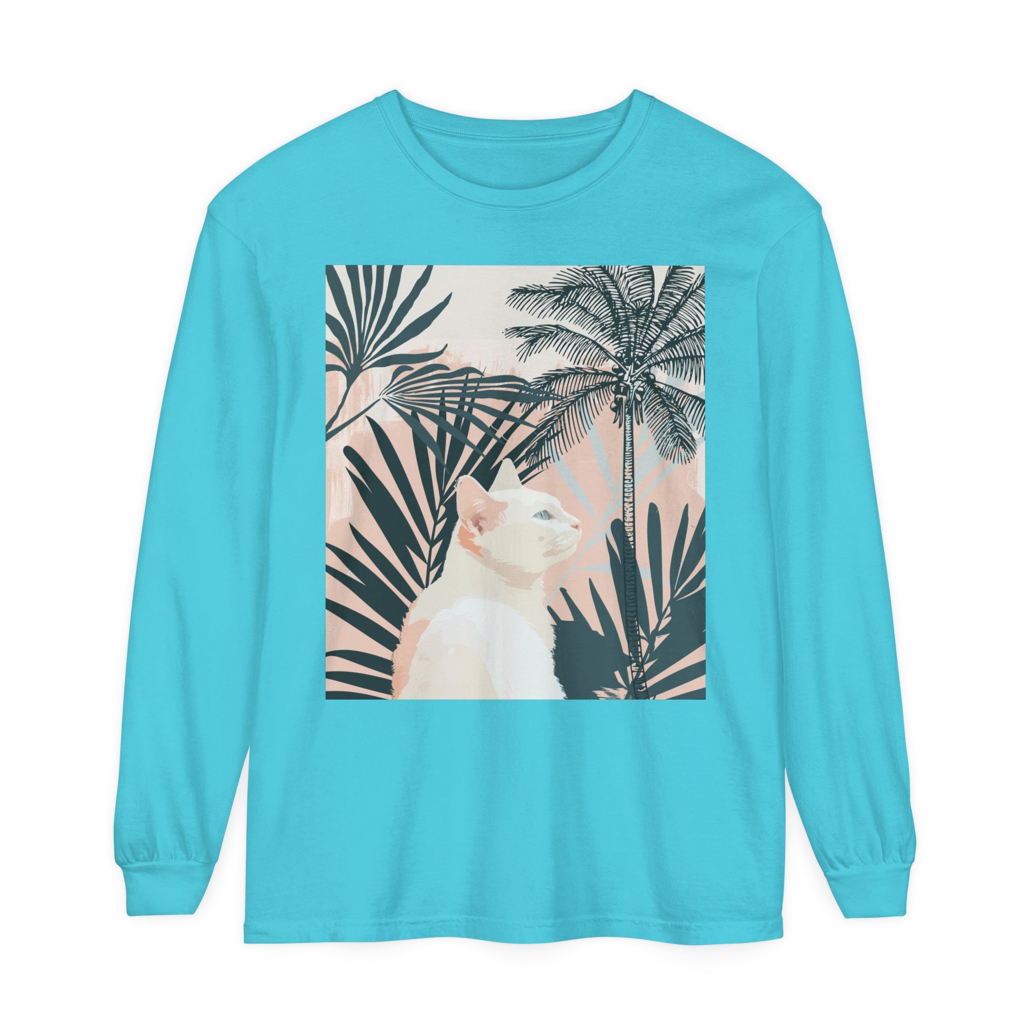 A close-up image of a white cat tropical mandala long sleeve t-shirt with vibrant and colorful designs