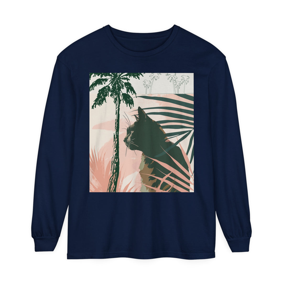 Black Cat Jungle Long Sleeve T-Shirt on male model alt text 4