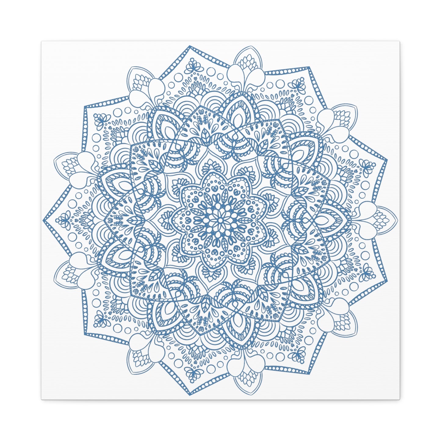 Handmade Mandala Art featuring a steel blue mandala design on matte canvas, stretched and 125 inches deep