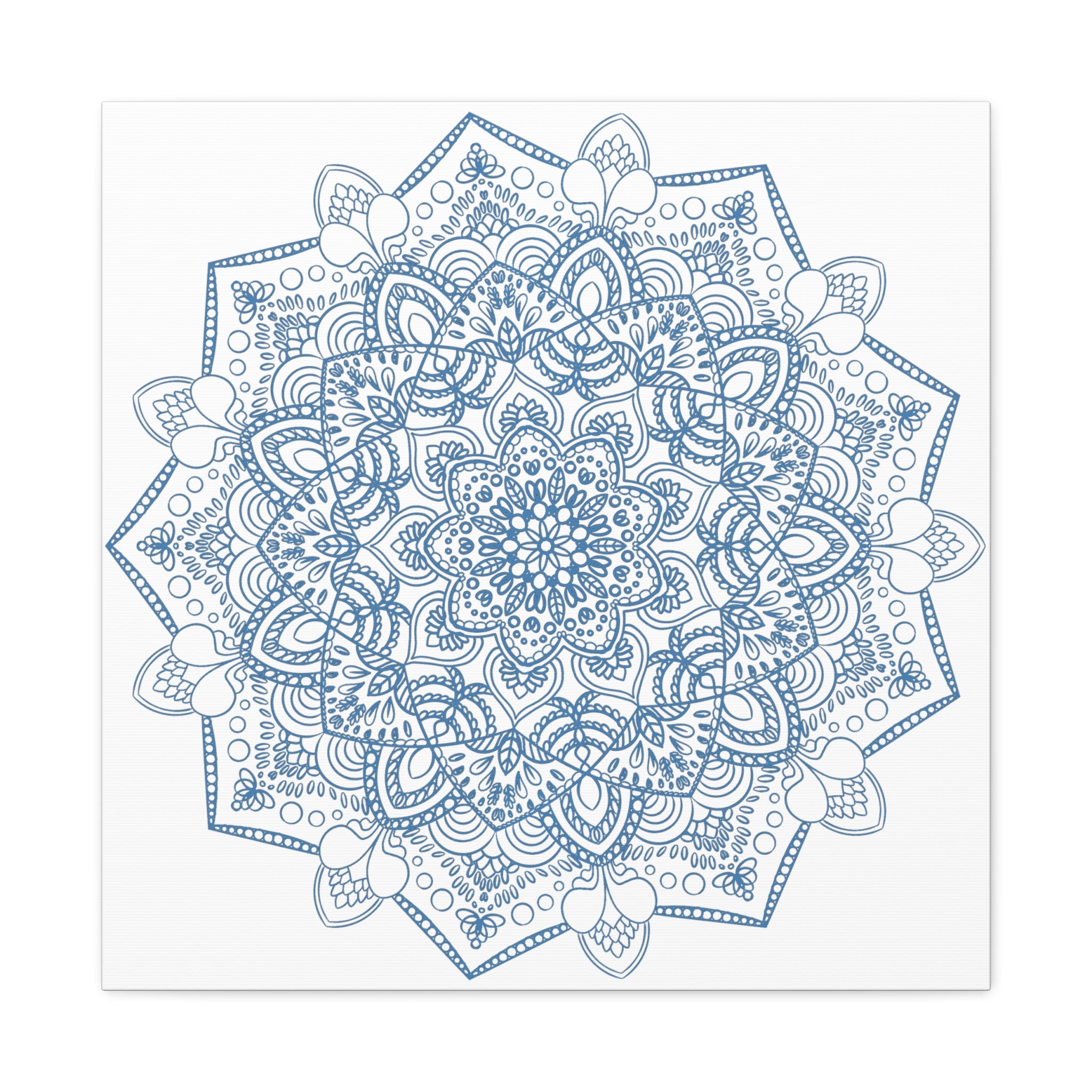 Handmade Mandala Art featuring a steel blue mandala design on matte canvas, stretched and 125 inches deep