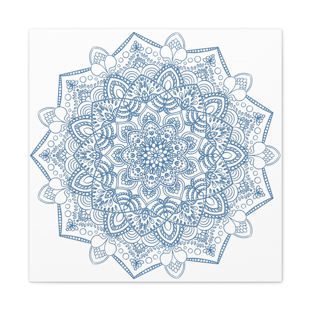 Handmade Mandala Art featuring a steel blue mandala design on matte canvas, stretched and 125 inches deep