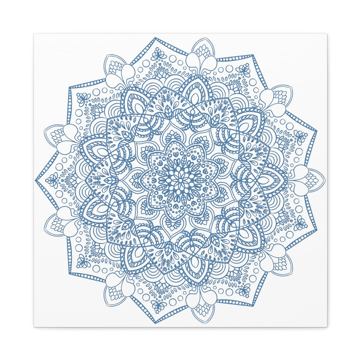 Handmade Mandala Art featuring a steel blue mandala design on matte canvas, stretched and 125 inches deep