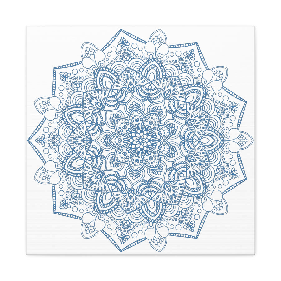 Handmade Mandala Art featuring a steel blue mandala design on matte canvas, stretched and 125 inches deep