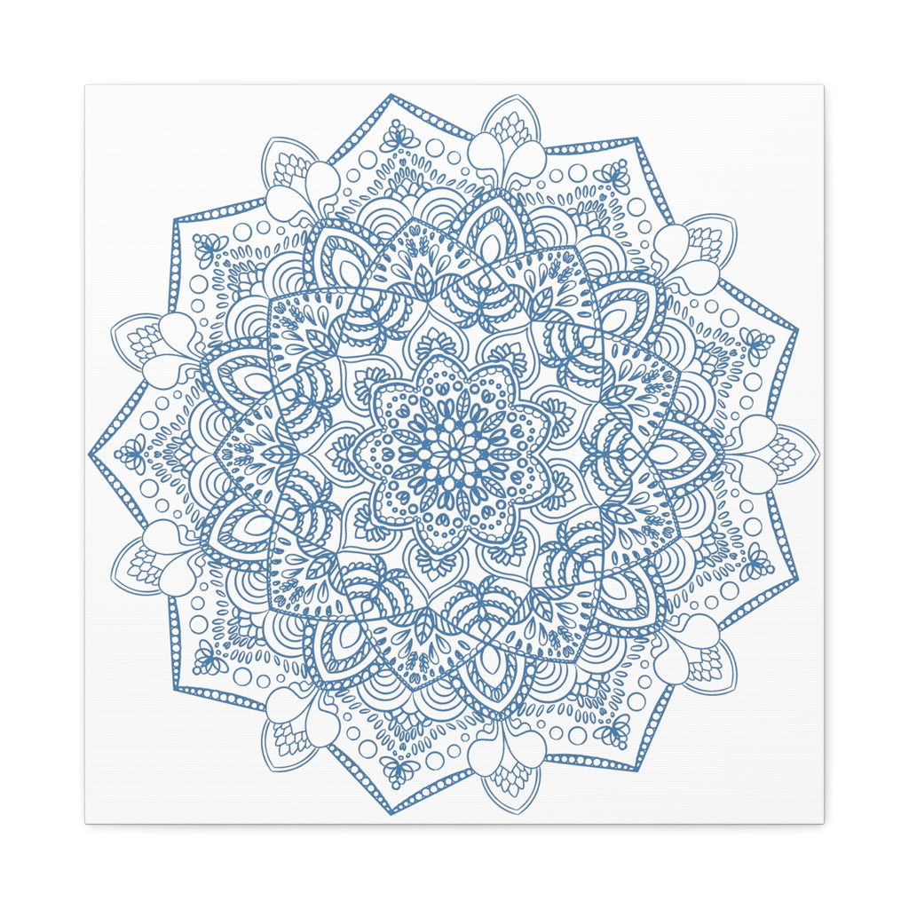 Handmade Mandala Art featuring a steel blue mandala design on matte canvas, stretched and 125 inches deep