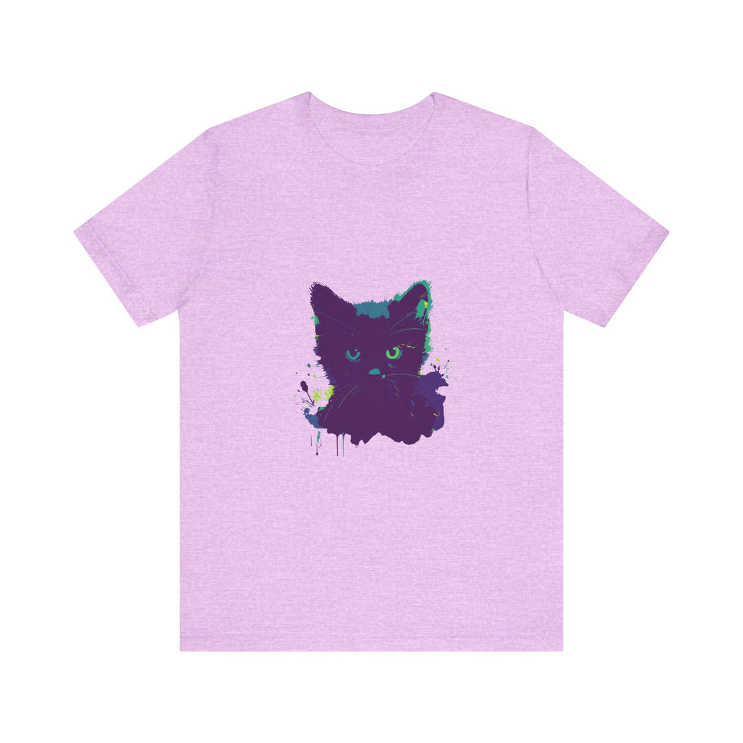 A close-up image of a Black Cat Mystery Watercolor T-Shirt, featuring vibrant watercolor design and a black cat motif on a soft cotton fabric