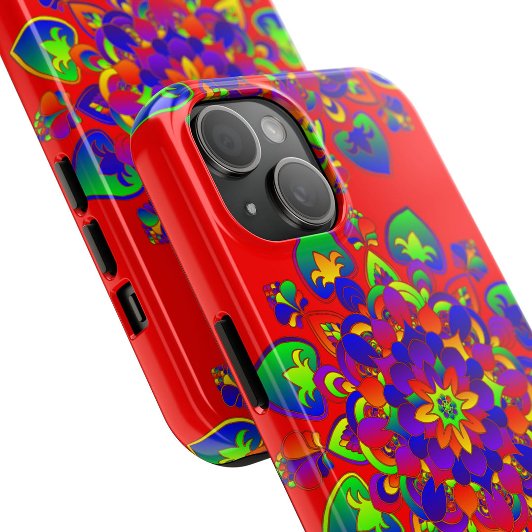 Hand Drawn Mandala Art Red Phone Case with Intricate Design and Bohemian Style for iPhone and Samsung Galaxy Devices