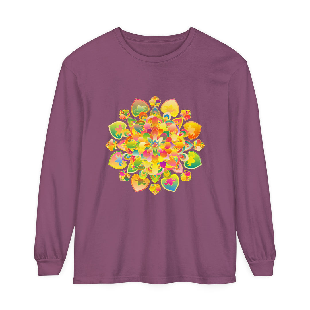 Colorful and detailed mandala pattern on a long sleeve t-shirt