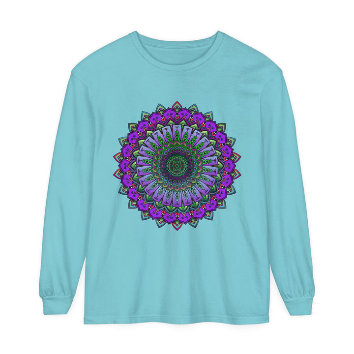 Intricate mandala design in blue and purple on unisex long sleeve t-shirt