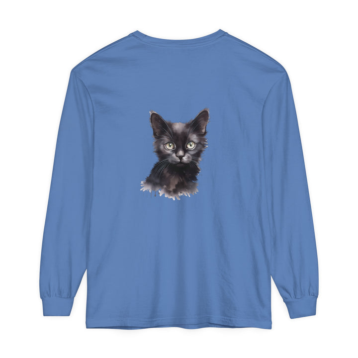 Black Cat Watercolor Long Sleeve T-Shirt featuring a vibrant watercolor design of a black cat