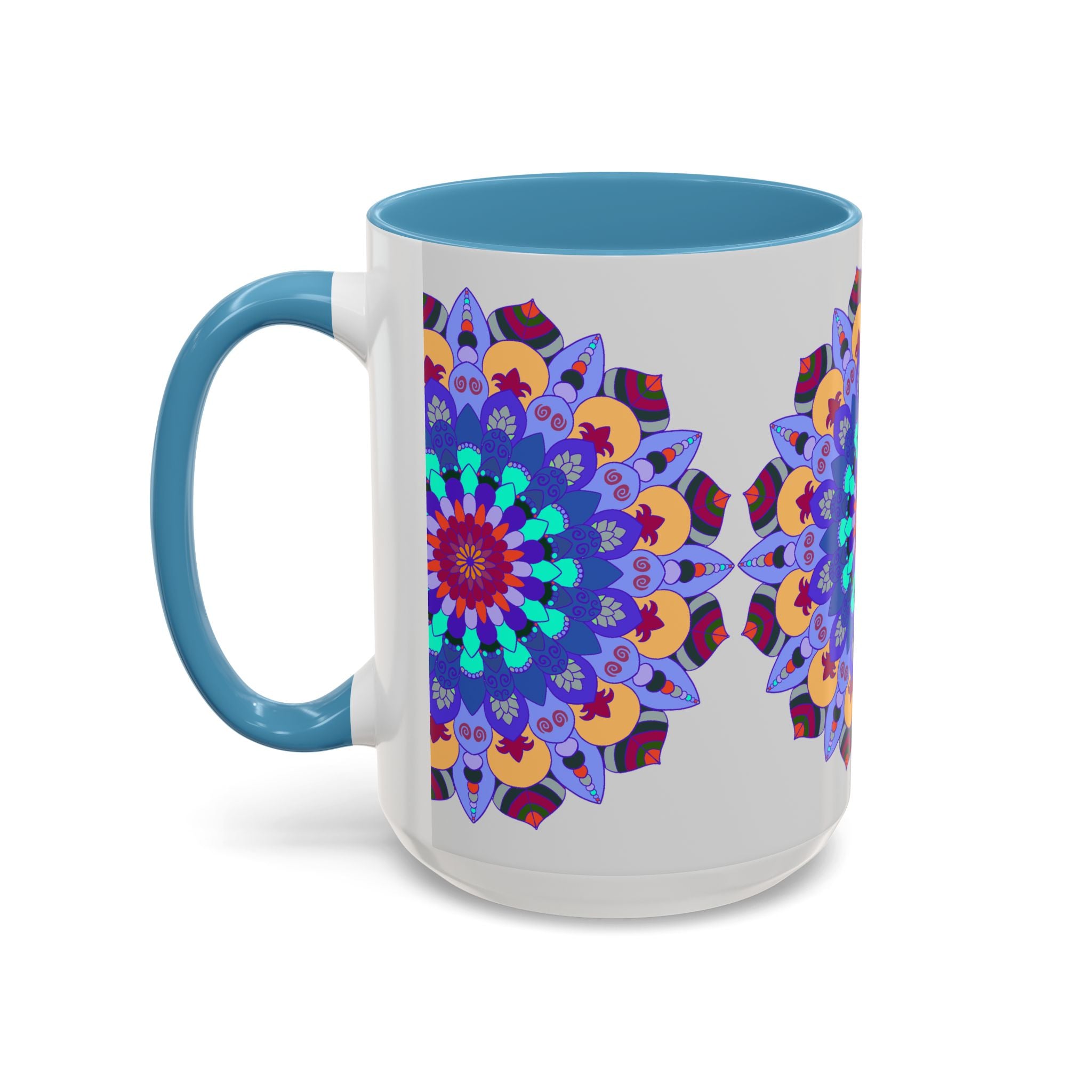 A close-up image of a colorful and symmetrical Mandala Art Mug with intricate designs and vibrant hues