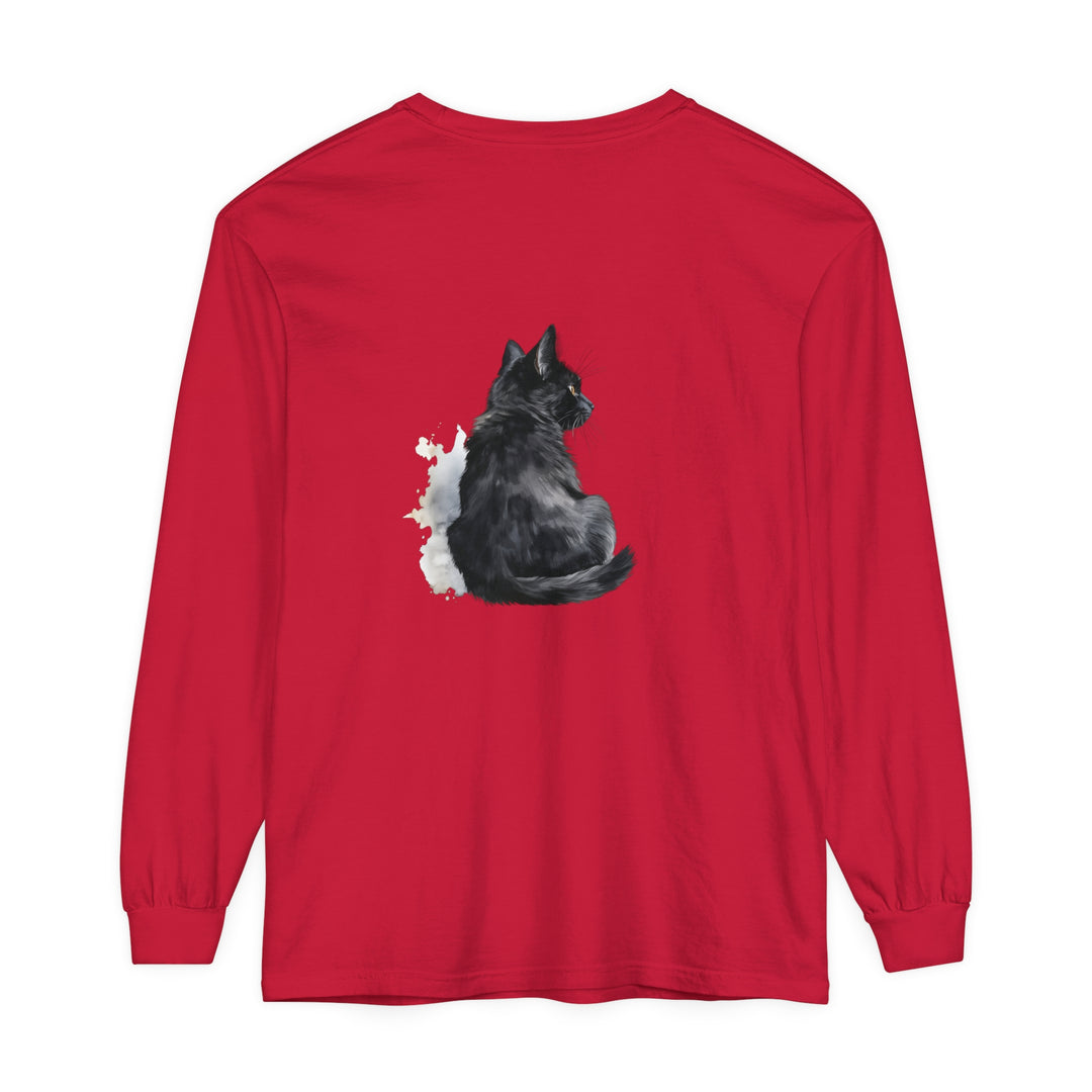 Black Cat Watercolor Unisex Long Sleeve T-Shirt with vibrant and detailed feline design