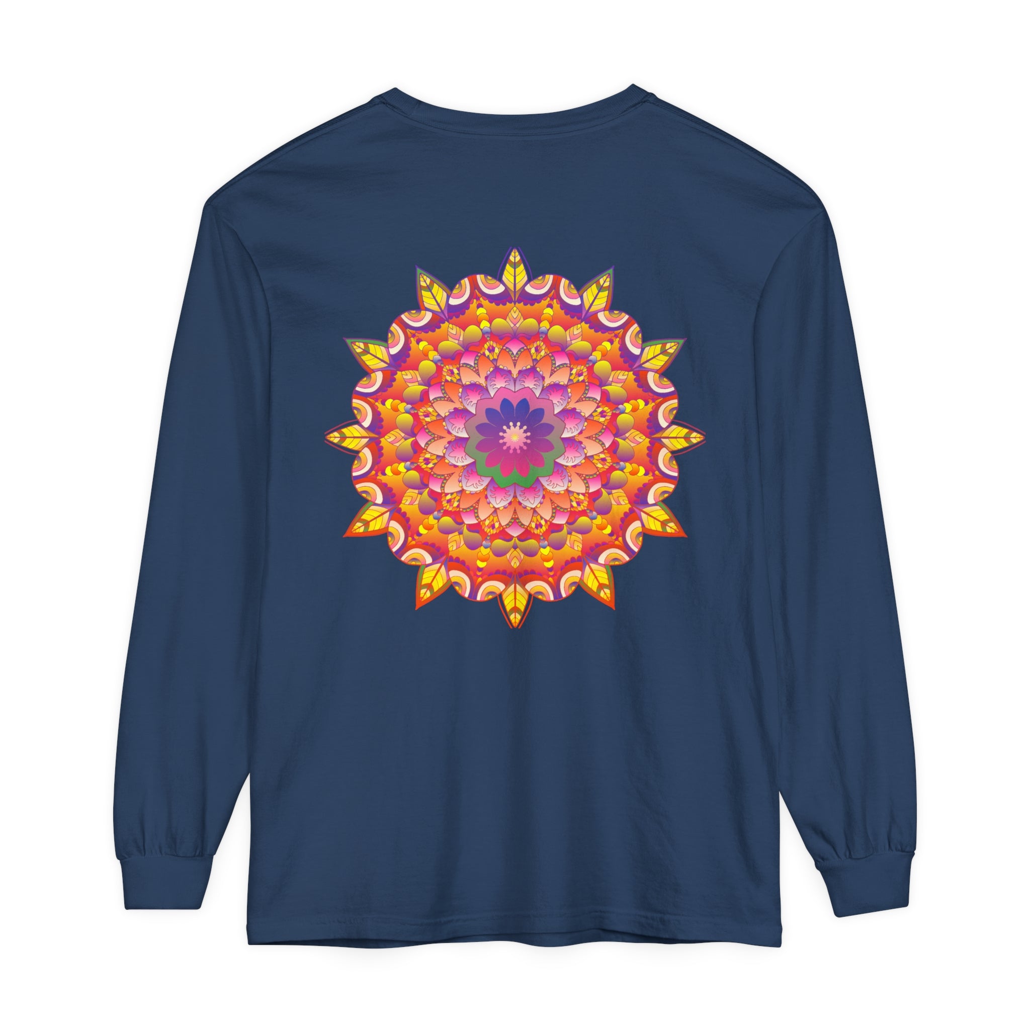 Colorful and detailed mandala design on a unisex long sleeve t-shirt