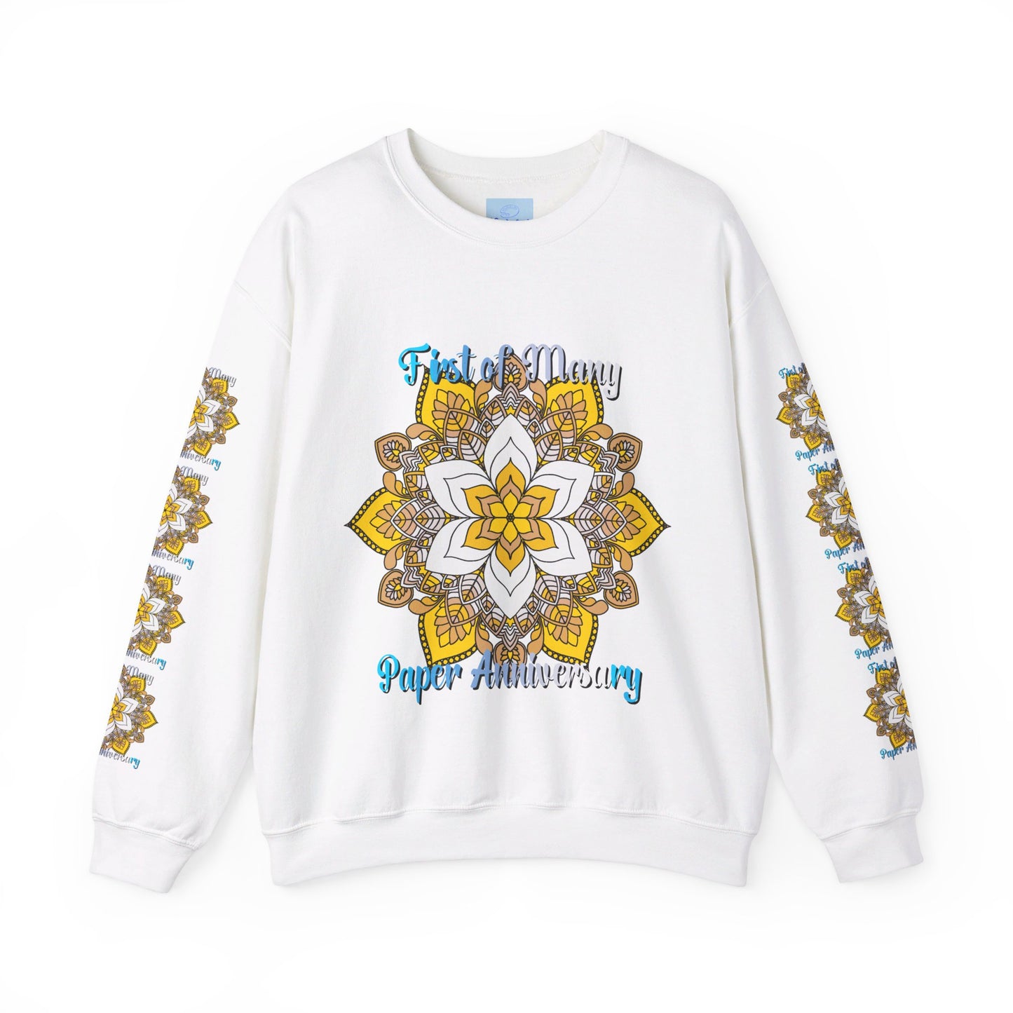 Handmade crewneck sweatshirt with colorful mandala design and intricate patterns