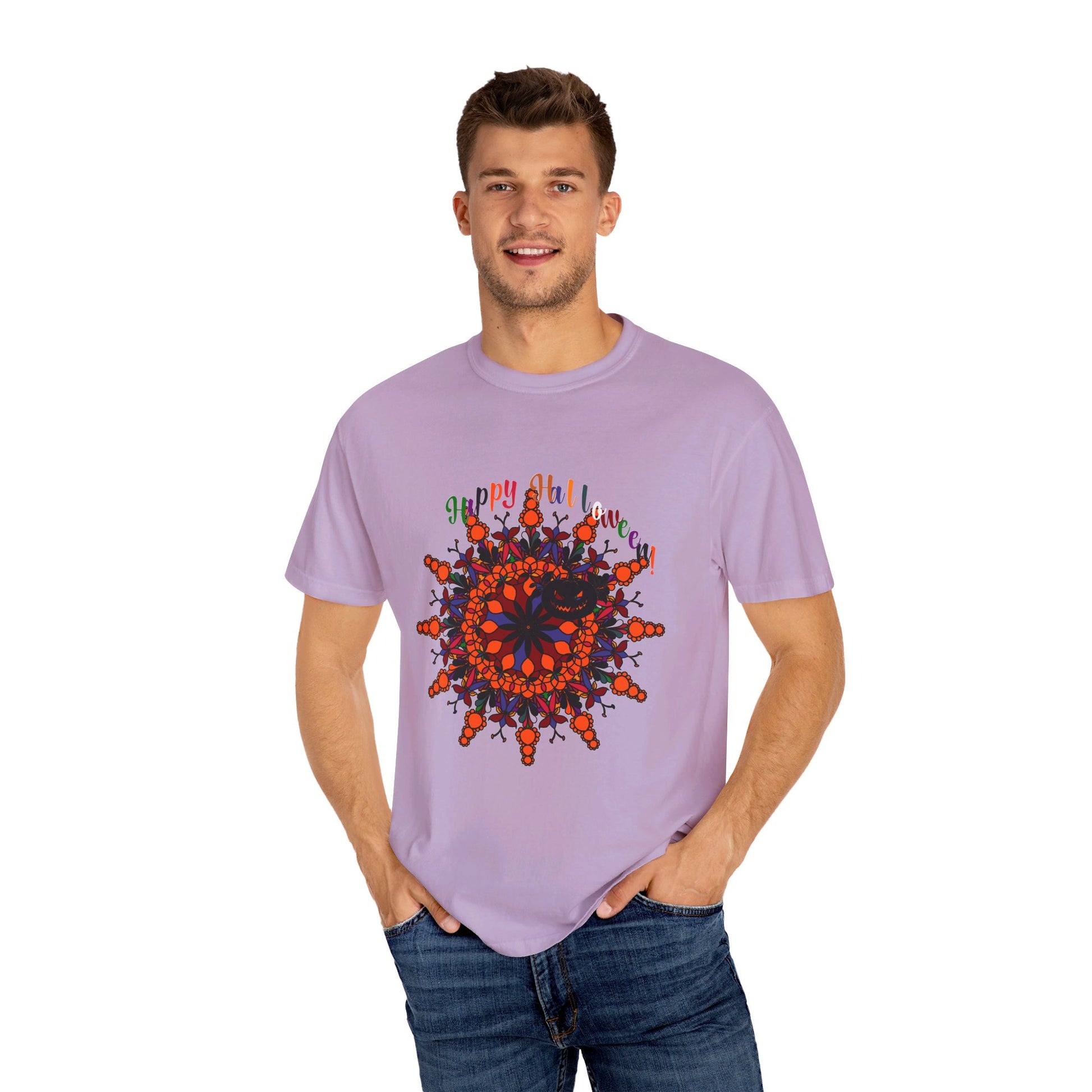 Handmade unisex Halloween mandala t-shirt featuring unique pumpkin mandala art