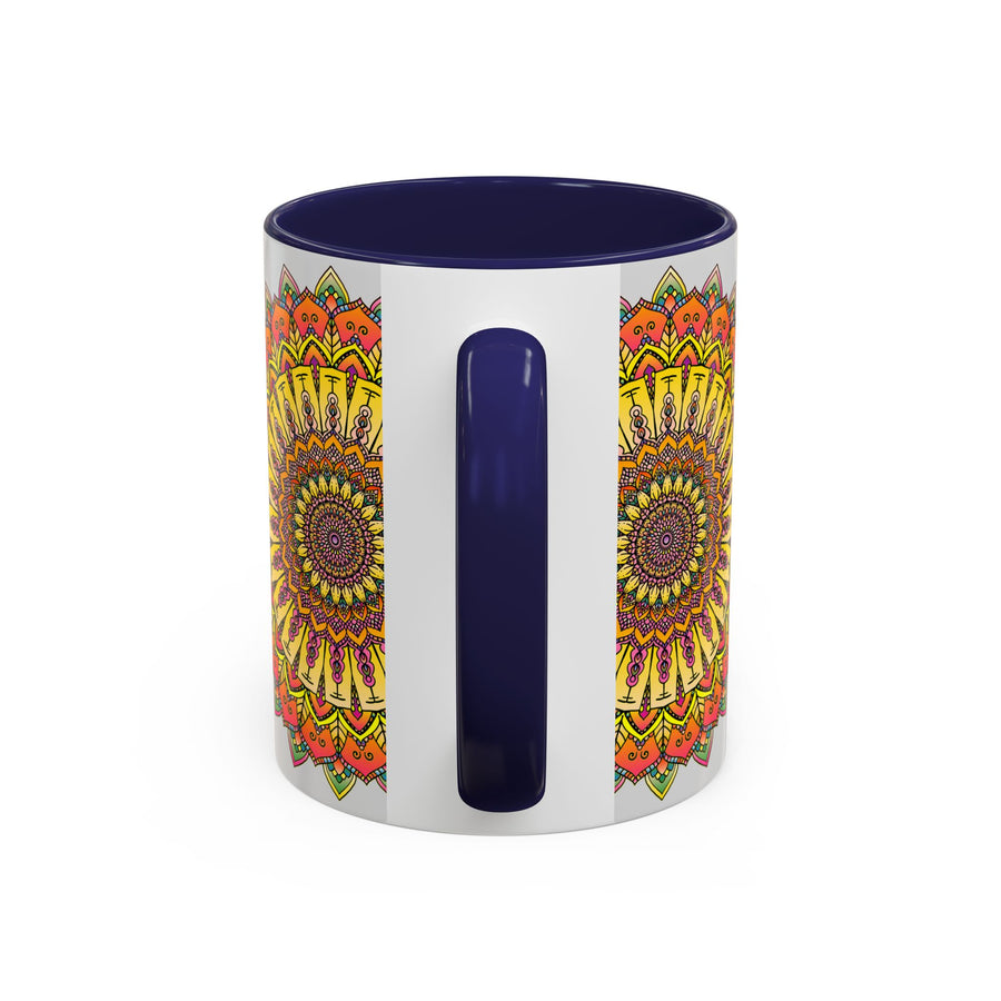 Colorful and vibrant mandala pattern on grey ceramic mug
