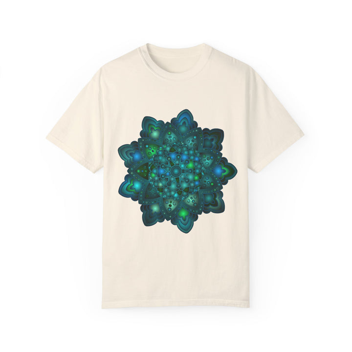 Intricate blue and green mandala design t-shirt, suitable for both men and women, with vibrant and detailed pattern