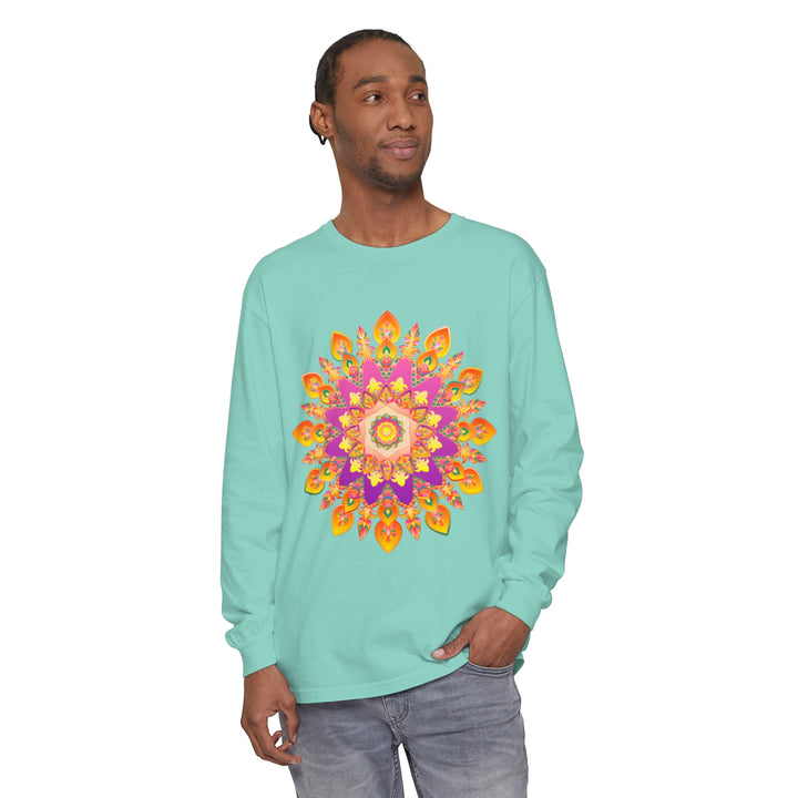 Colorful and intricate mandala design on a unisex long sleeve t-shirt