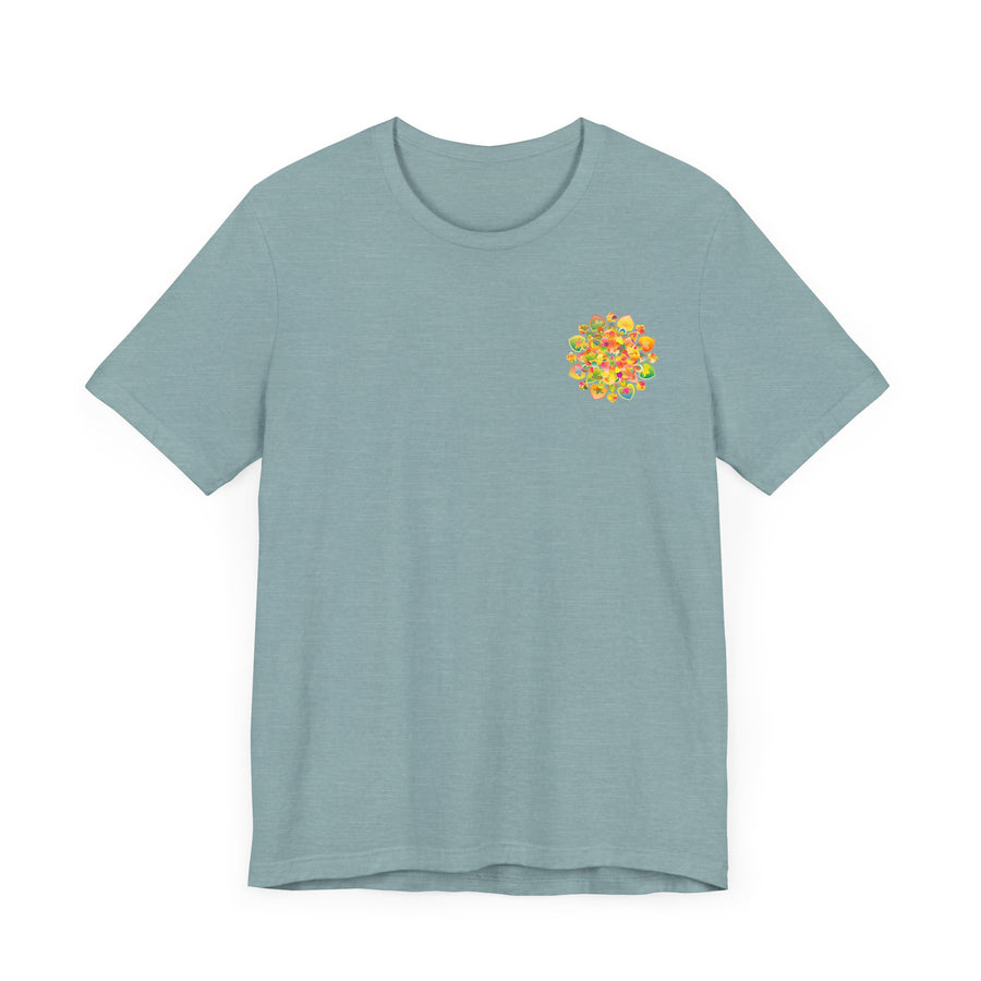 A vibrant and colorful mandala tee shirt, featuring intricate patterns symbolizing spiritual peace and harmony