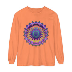 A detailed, colorful mandala design long sleeve t-shirt for men and women