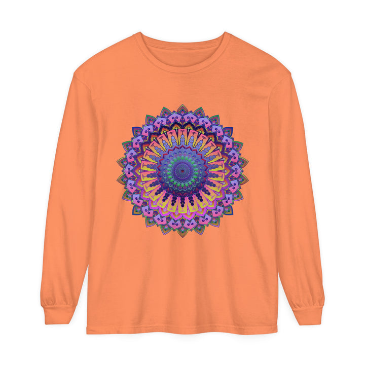 A detailed, colorful mandala design long sleeve t-shirt for men and women