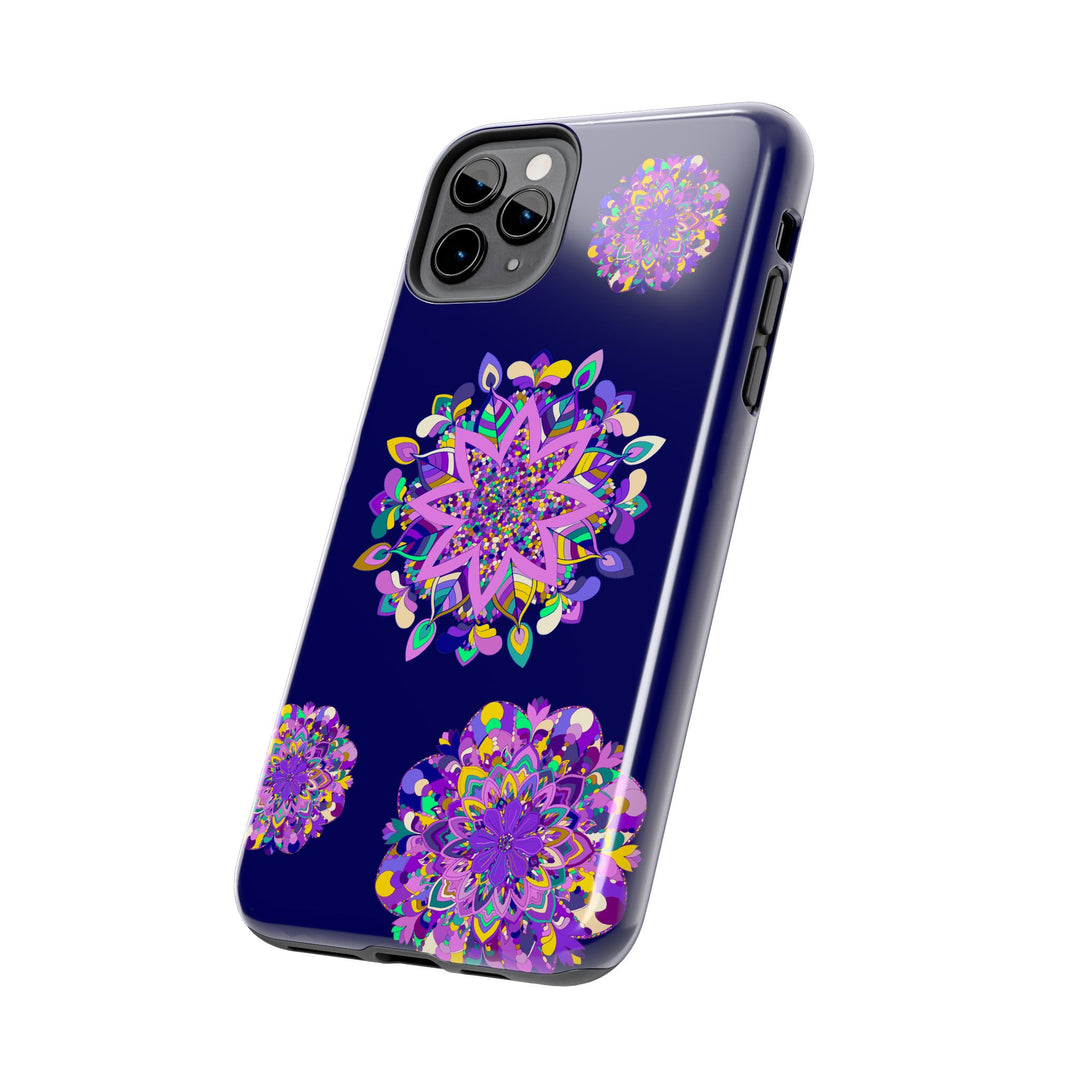 Hand drawn mandala art phone case in purple shades, known for being durable and shock absorbent, designed to protect your phone from damage