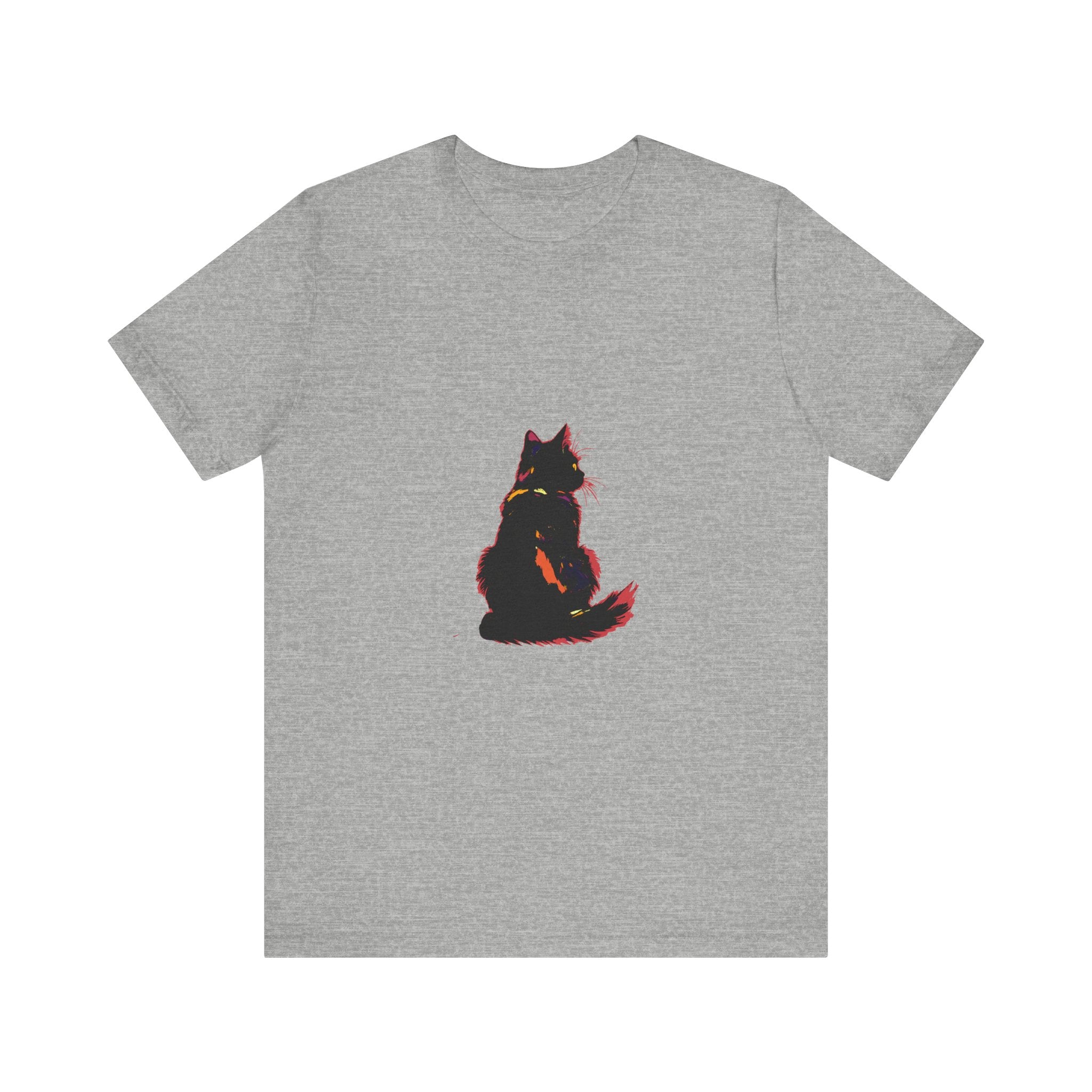 Close up of a black cat silhouette against a moonlit background on the Black Cat Mystery T-Shirt, exuding shadowy elegance and mystery