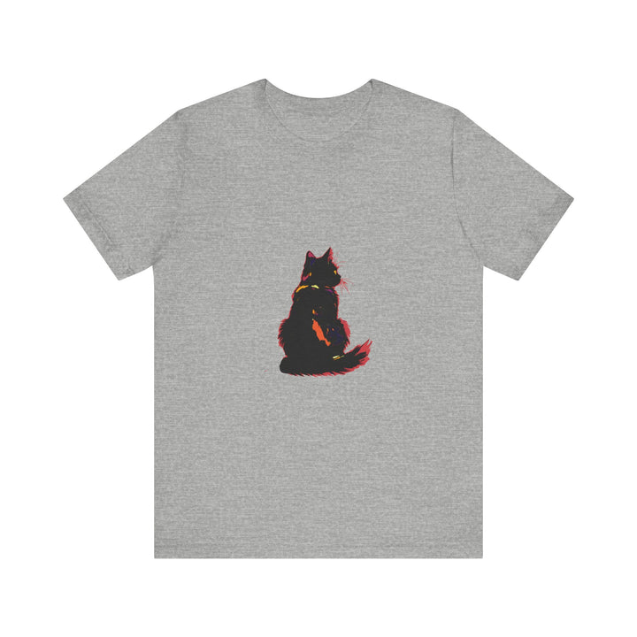 Close up of a black cat silhouette against a moonlit background on the Black Cat Mystery T-Shirt, exuding shadowy elegance and mystery