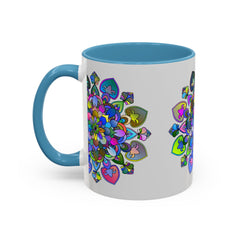Colorful and vibrant mandala artwork on a stylish grey coffee mug
