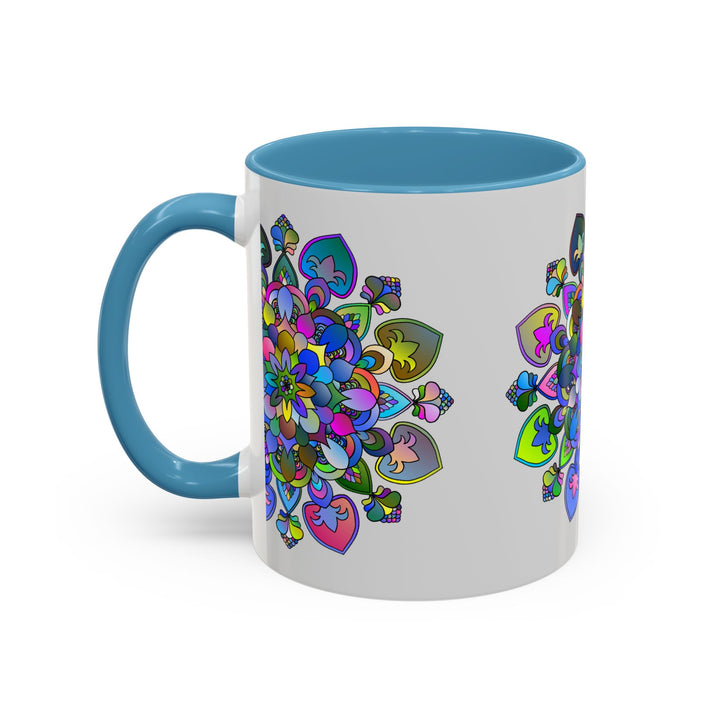 Colorful and vibrant mandala artwork on a stylish grey coffee mug