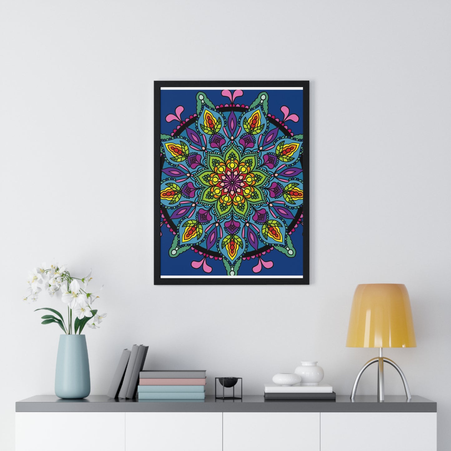 Hand-drawn blue mandala art framed poster for mindfulness and yoga