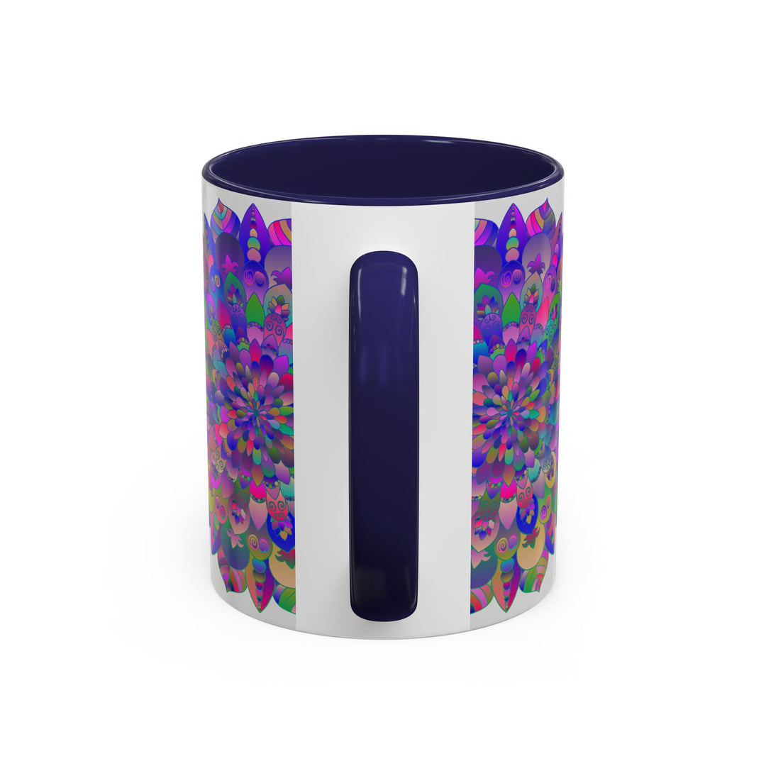 Colorful mandala design on ceramic mug, inspired by spiritual art and perfect for a psychedelic aesthetic