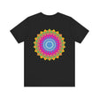 A beautiful and colorful mandala graphic t-shirt that promotes spiritual peace