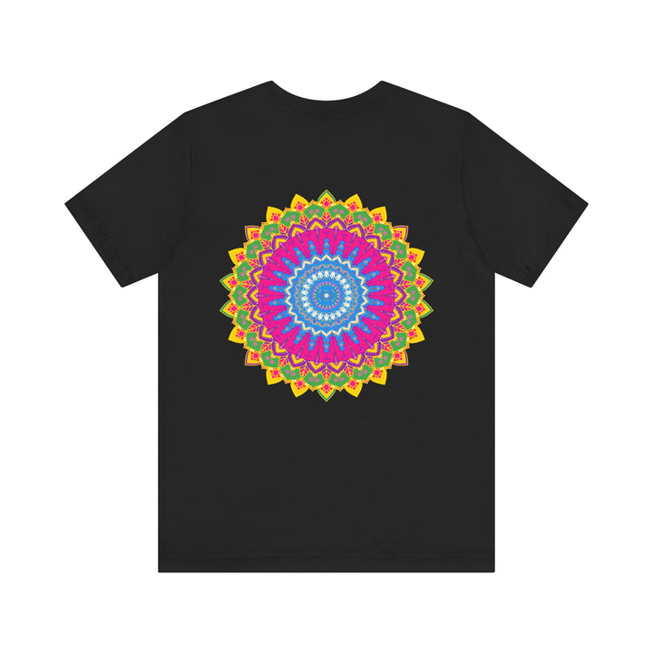 A beautiful and colorful mandala graphic t-shirt that promotes spiritual peace