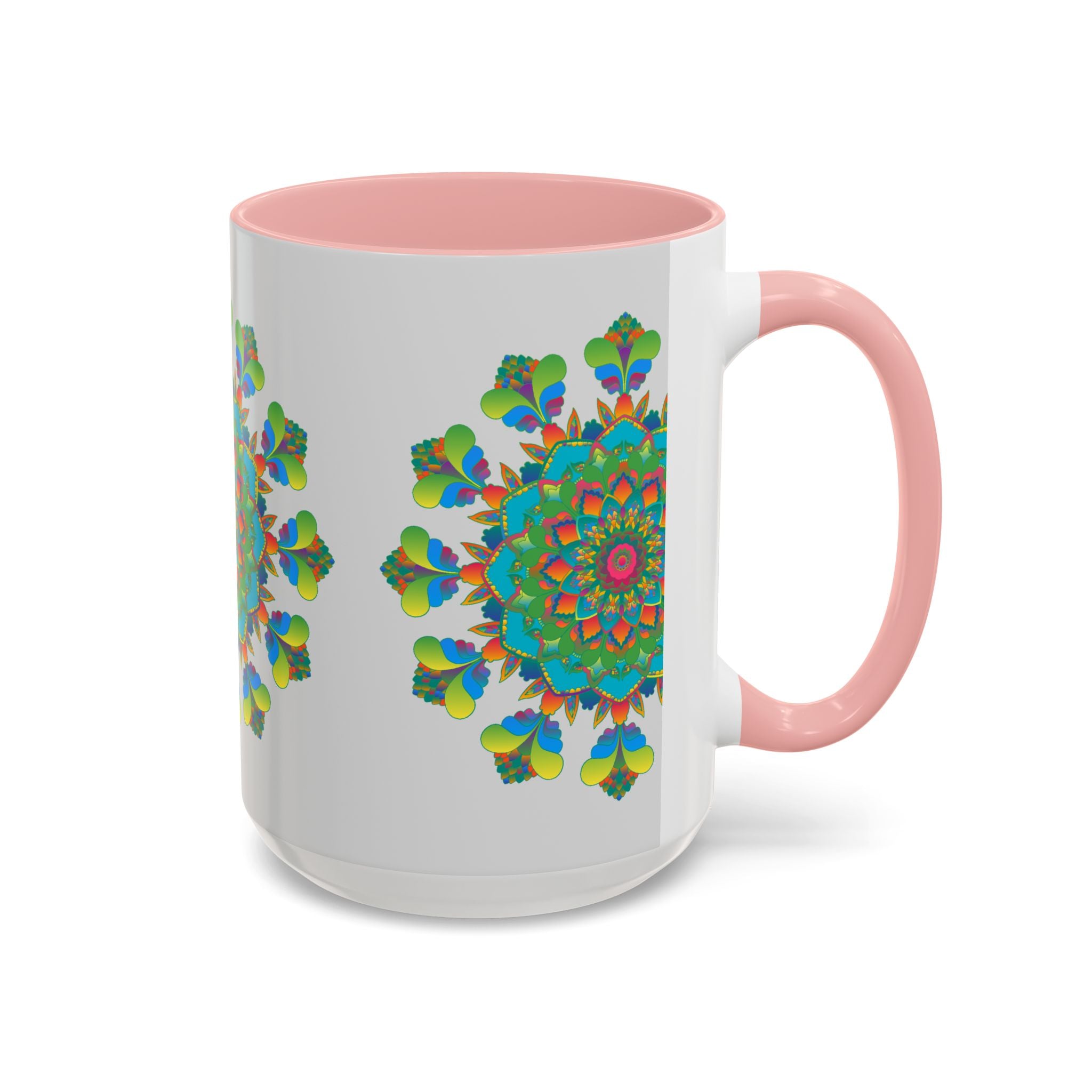 Beautiful mandala art mug featuring vibrant colors on a grey background