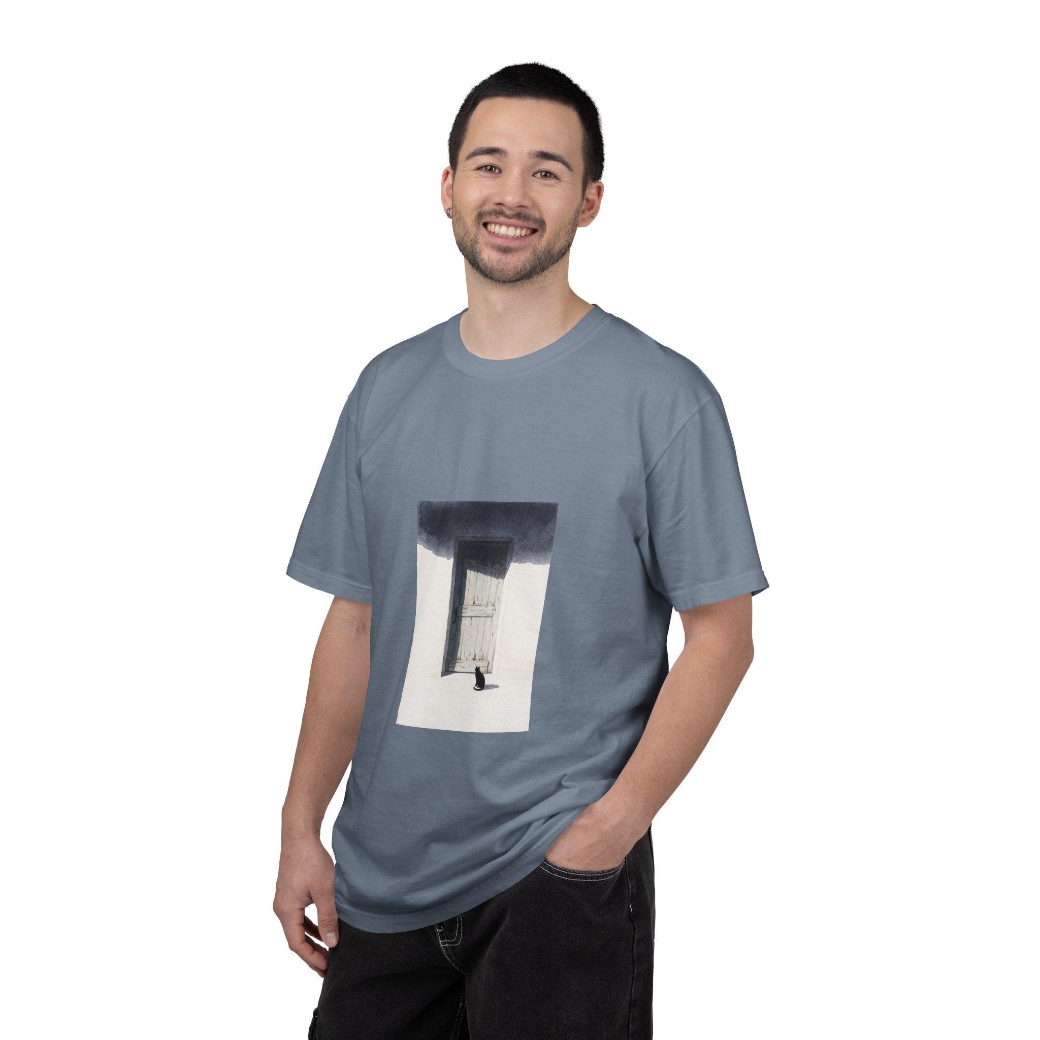 T-Shirt — Minimal Art Cat at Door Graphic Tee