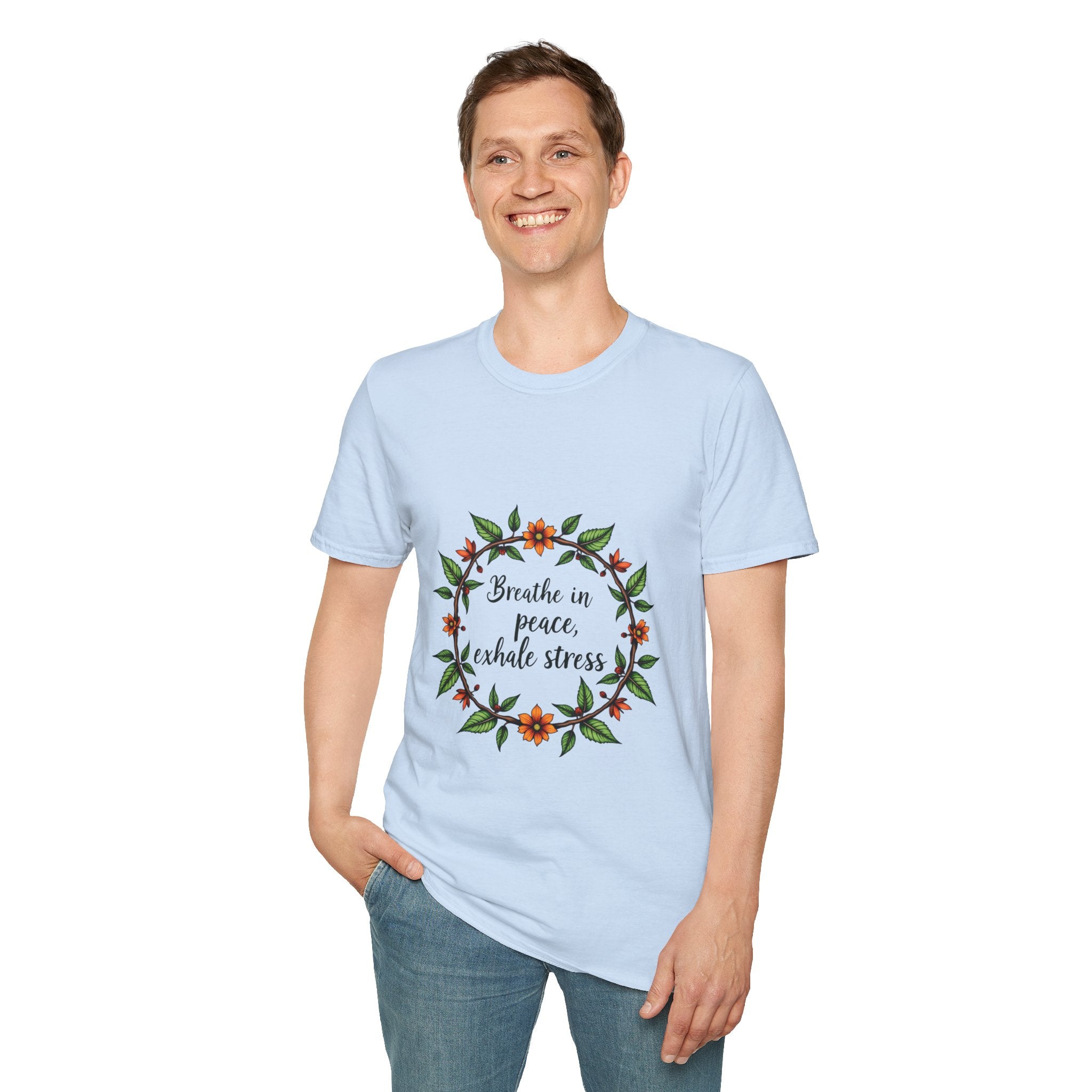 Floral Garland T-Shirt in soothing colors with 'Breathe in Peace Exhale Stress' typography design