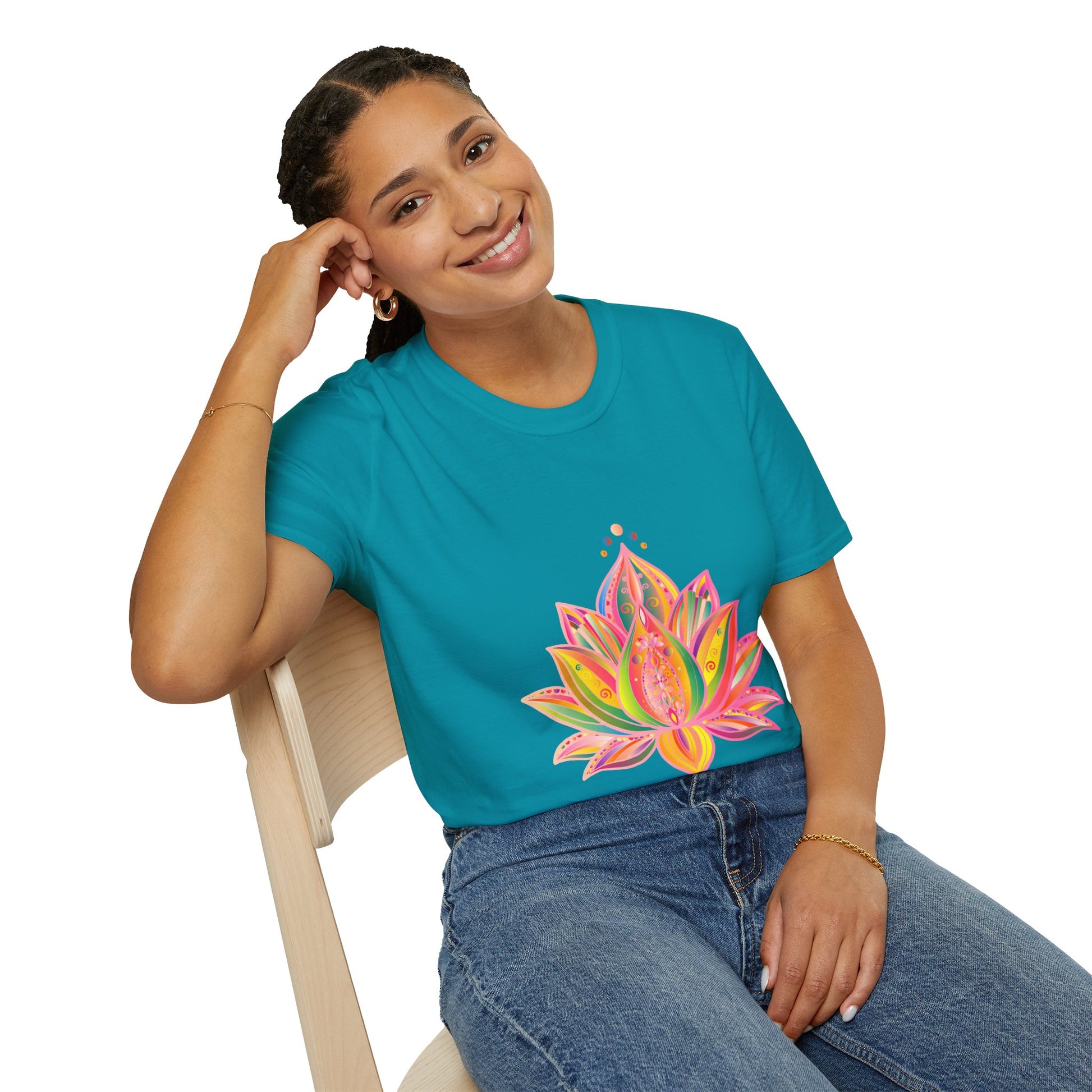 Lotus Mandala Unisex T-Shirt with a Hand-Drawn Unique Design by Blululi, perfect for men and women looking for a stylish and comfortable fashion statement