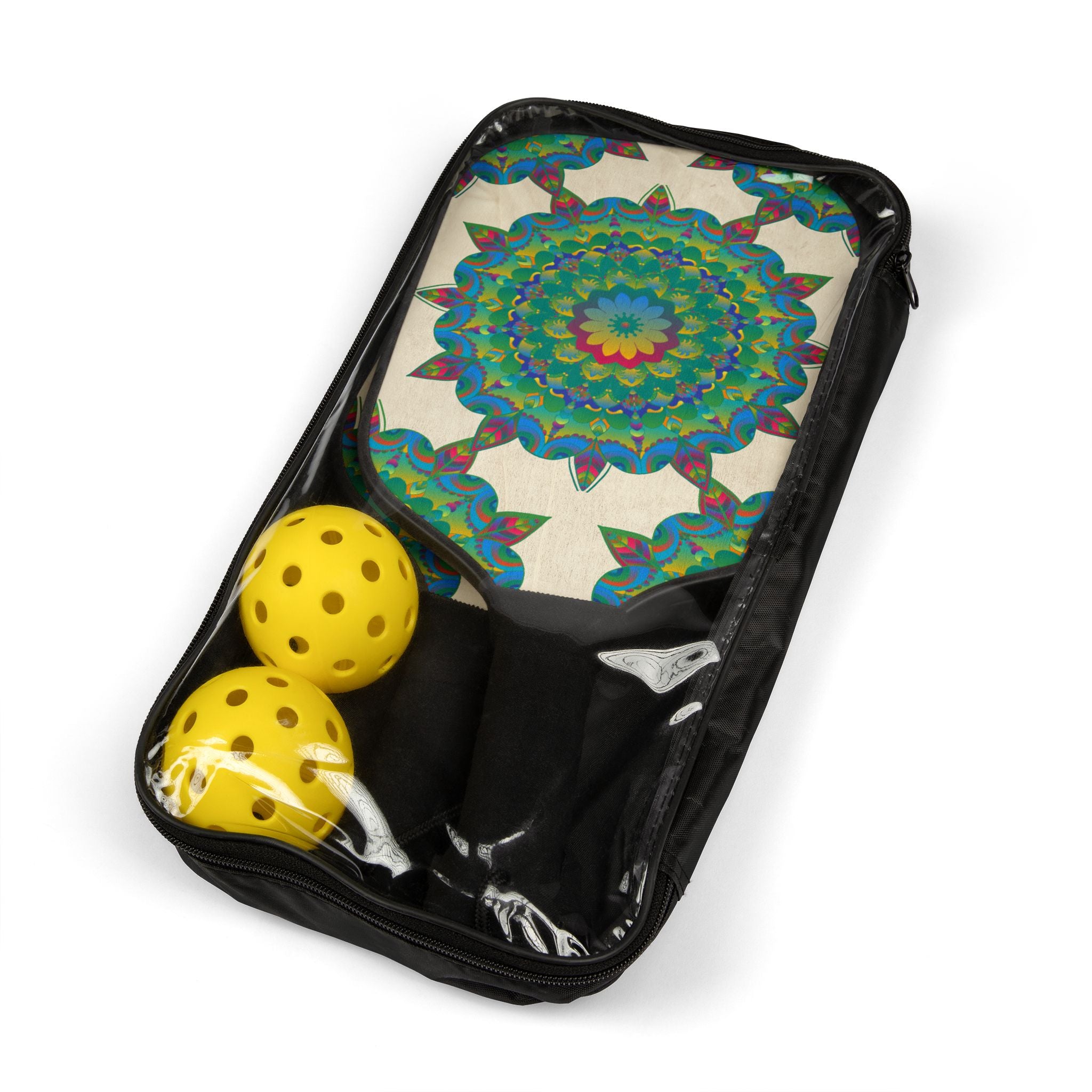 Teal Mandala Pickleball Kit with paddles, balls, and carrying case