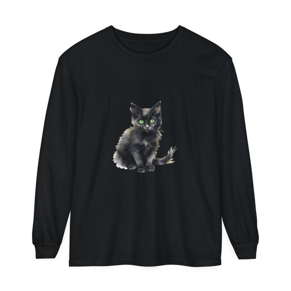 Black Cat Watercolor T-Shirt with striking green eyes and realistic fur detail