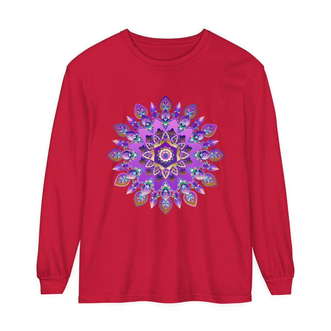 Long sleeve t-shirt featuring a vibrant purple and gold mandala design