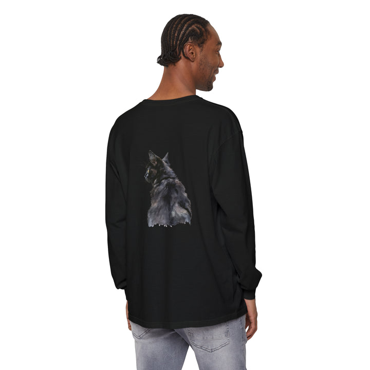 Long sleeve black cat watercolor t-shirt with vibrant and detailed design