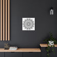 Handmade Mandala Art featuring intricate black and white design on matte canvas, stretched to 125 inches for striking wall display